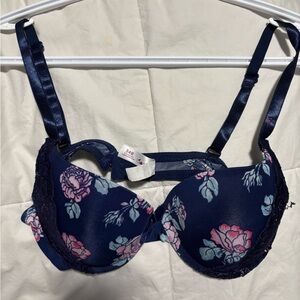 Blue and Pink Floral Underwire Bra with Adjustable Straps